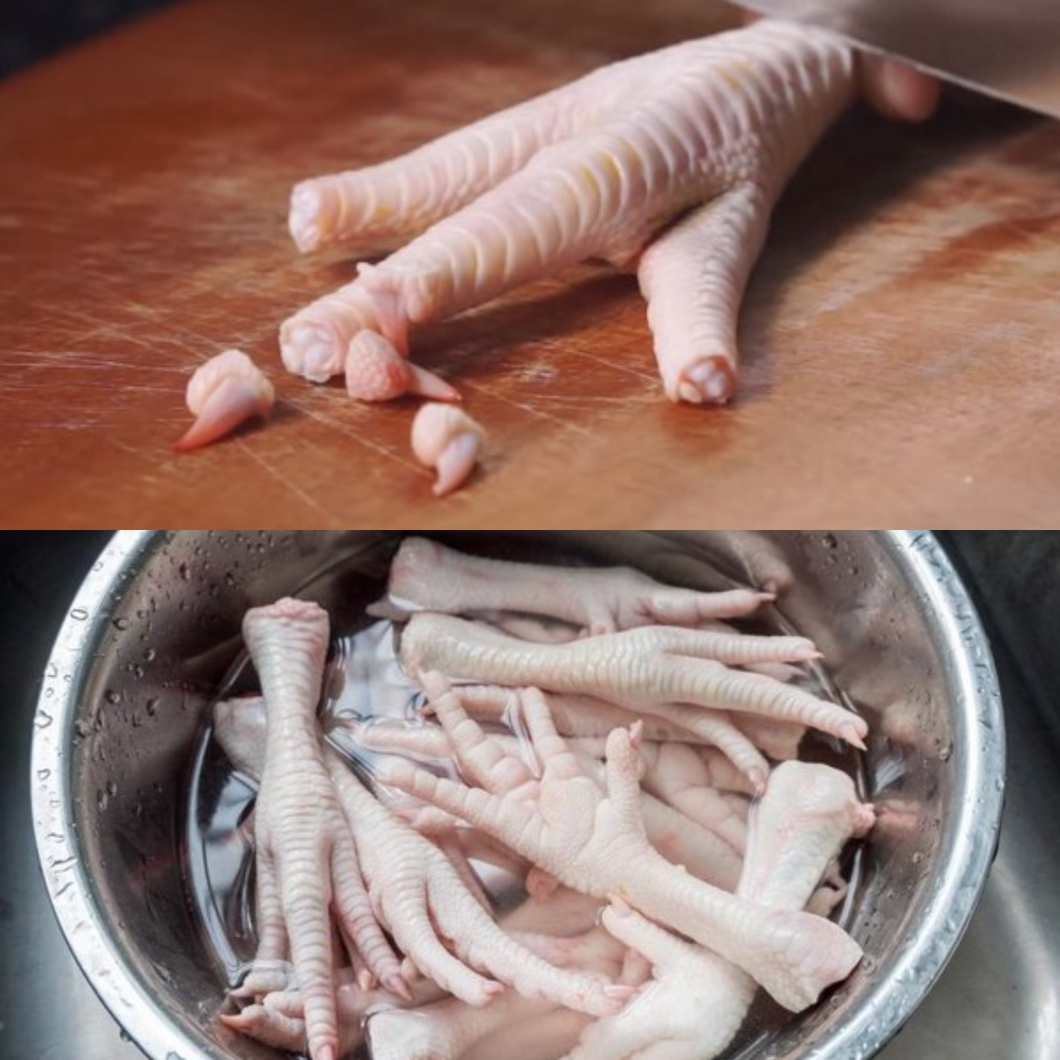 Chân gà phải được rửa và luộc để khử mùi hôi trước khi chế biến
